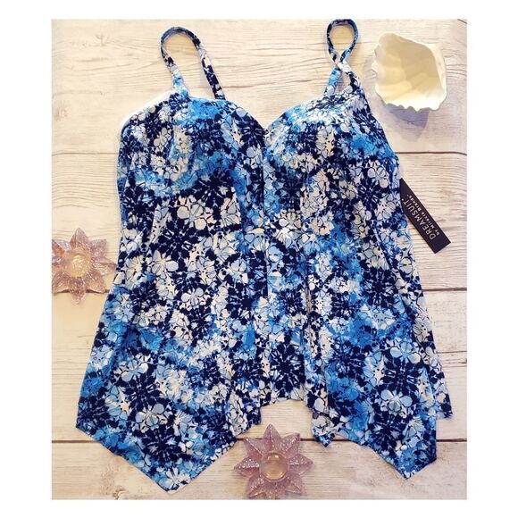 Plus size! Slimming Handkerchief IKAT Print Tankini Swim Top Blue And White - Picture 3 of 7